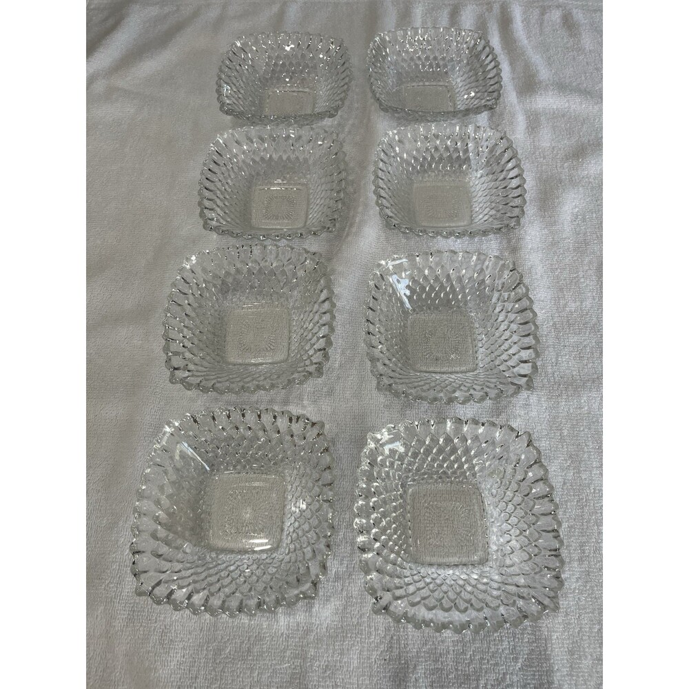 Vtg MCM Hobnail Pressed Glass Clear Dessert Nut Dishes Bowls Set Of 8 Classic‎